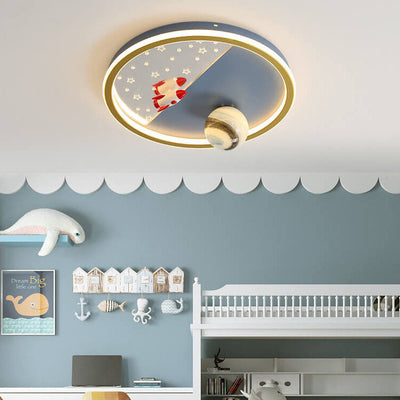 Creative Cartoon Rocket Planet Round Iron LED Kids Flush Mount Ceiling Light