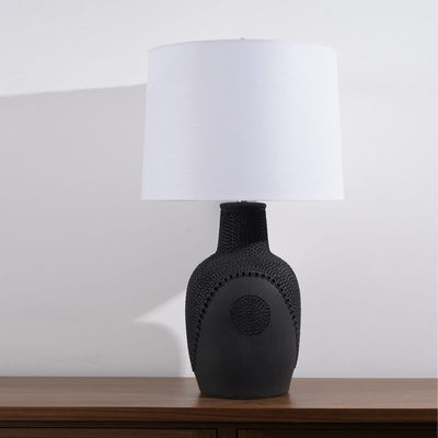 Lámpara de mesa de 1 luz con tambor de tela y jarra de cerámica en blanco y negro minimalista moderno 