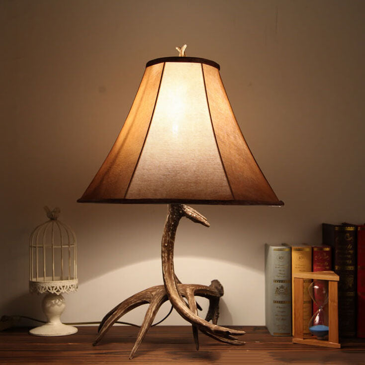 European Creative Antler Resin Faux Deer Pattern Fabric Shade 1-Light Table Lamp