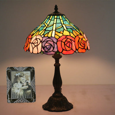 Vintage Tiffany Roses Stained Glass Cone 1-Light Table Lamp