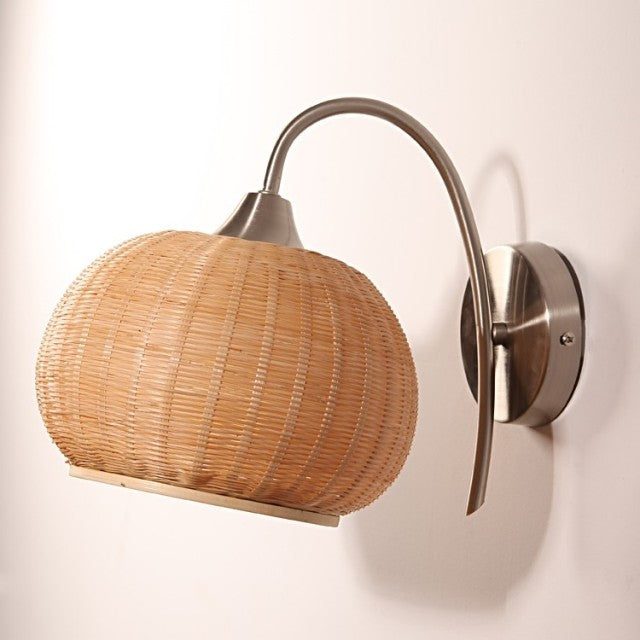Modern Chinese Bamboo Weaving Round Lantern 1-Light Wall Sconce Lamp