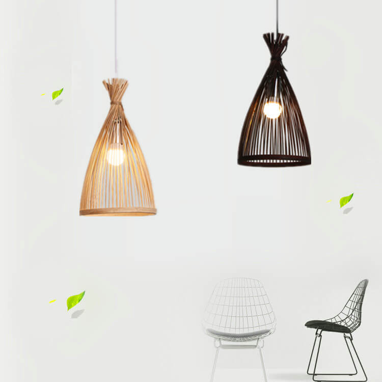 Suspension Luminaire Style Japonais Vintage Tressage de Rotin Conique 1 Lumière 