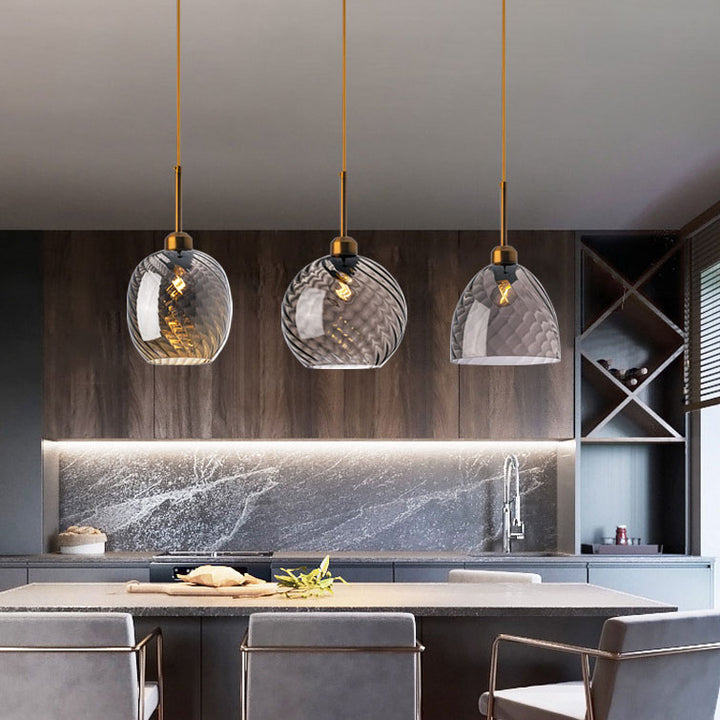 Moderne nordische 1-flammige Pendelleuchte aus Glas und Eisen mit runder geometrischer Struktur für Wohnzimmer &amp; Schlafzimmer 