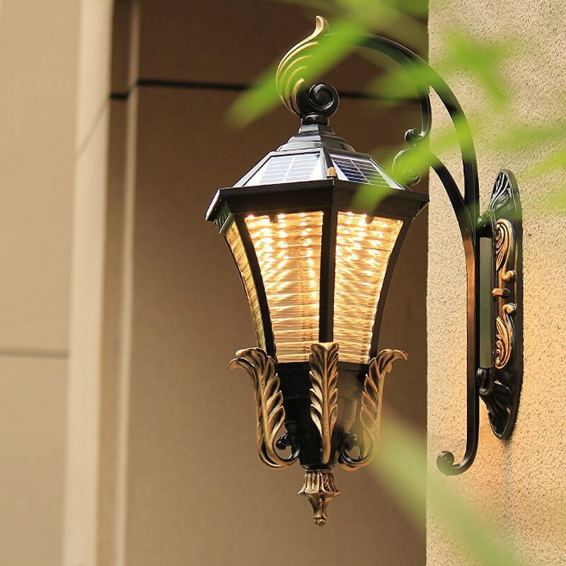 European Solar Hexagonal Lantern Outdoor Waterproof Patio LED Wall Sconce Lamp