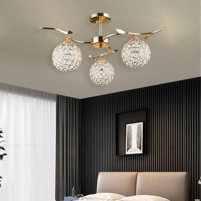 Modern Art Deco Round Hollowed Out Orb Iron Crystal 3-Light Semi-Flush Mount Ceiling Light For Living Room