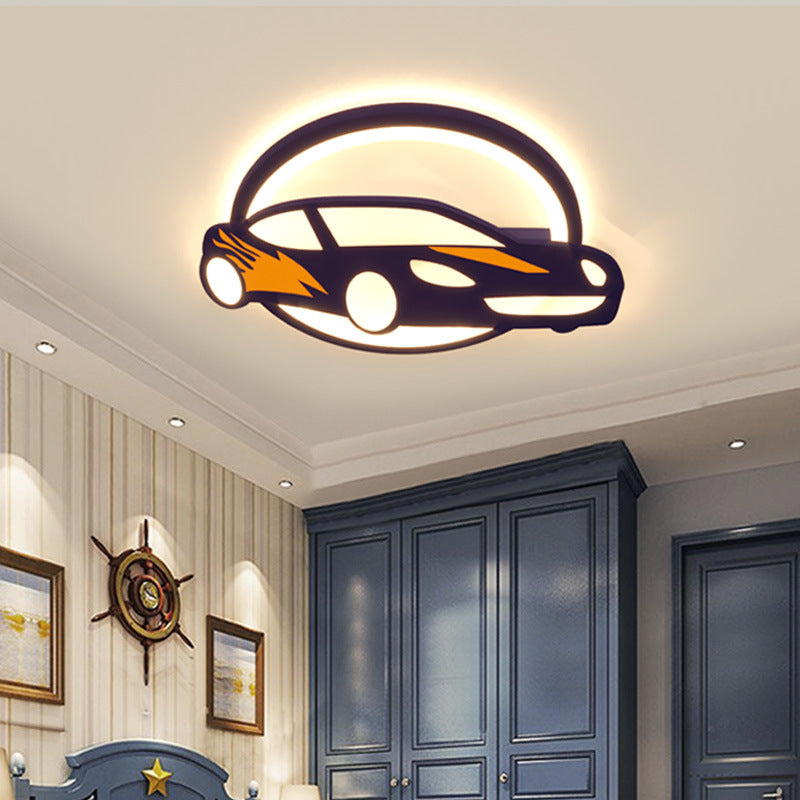 Contemporary Creative Iron Acrylic Cartoon Sports Car LED Kids Flush Mount Ceiling Light For Bedroom