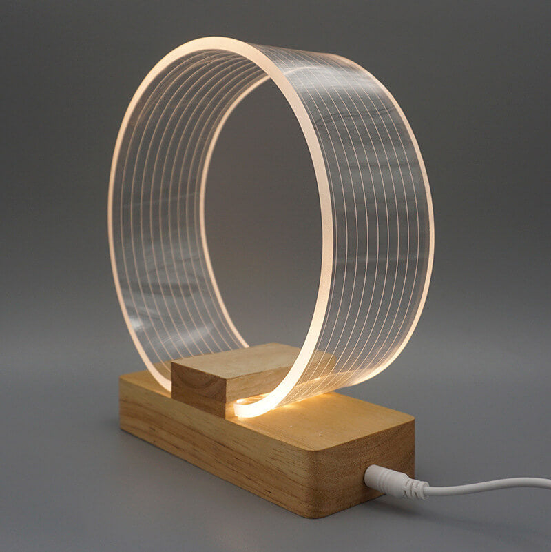 Nordic Minimalist High Translucent Acrylic Circle Ring Beech Wood Base LED Table Lamp