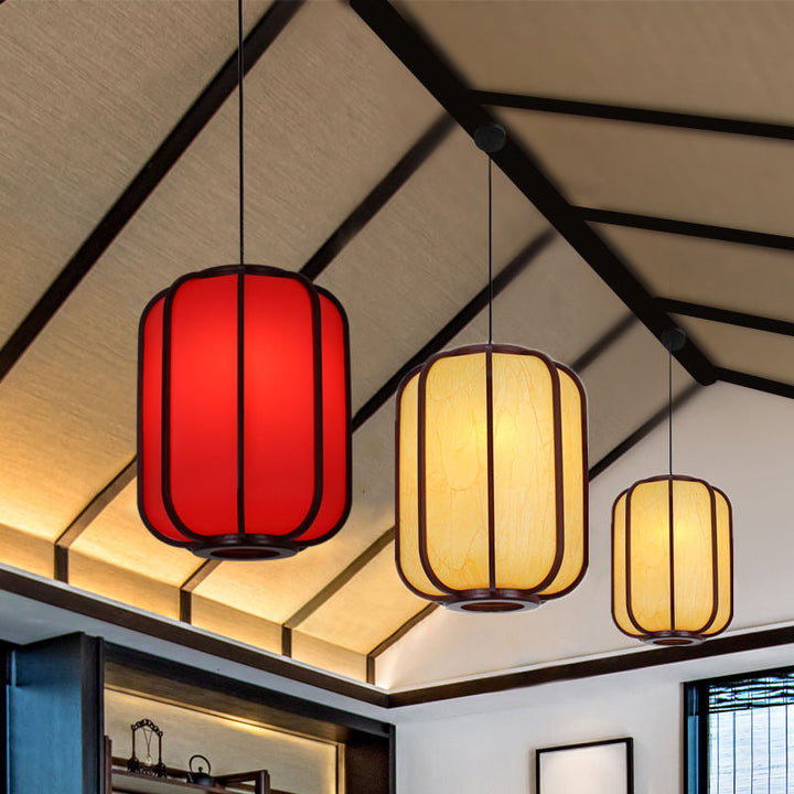 Traditional Chinese Faux Sheepskin Wooden Lantern Round 1-Light Pendant Light for Living Room