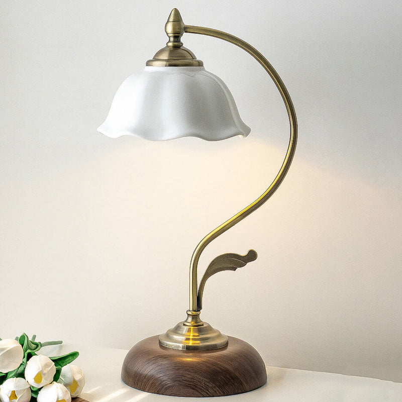 Vintage Walnut Flower Shade Ceramic 1-Light Table Lamp