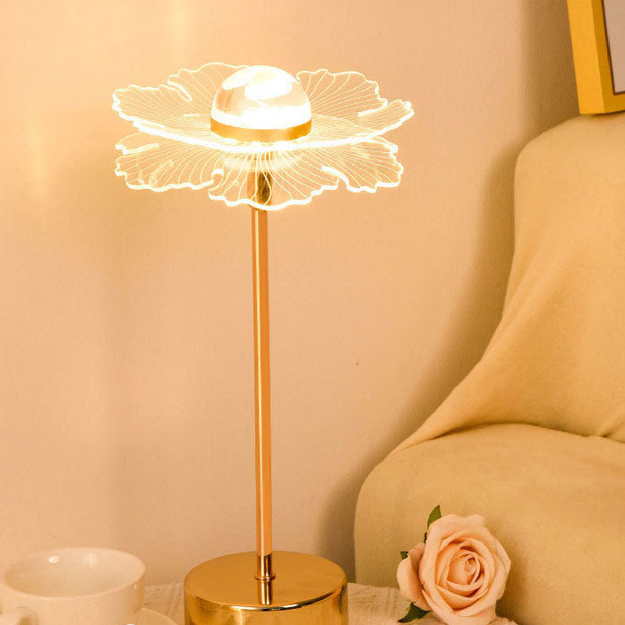 Moderne minimalistische LED-Tischlampe aus Acryl mit Blumen- und Schmetterlingsmotiv in Gold für das Schlafzimmer 
