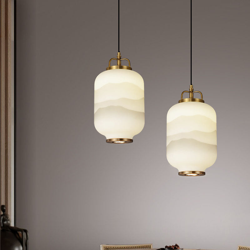 Traditionelle chinesische Laterne Messing Glas LED Pendelleuchte für Wohnzimmer 