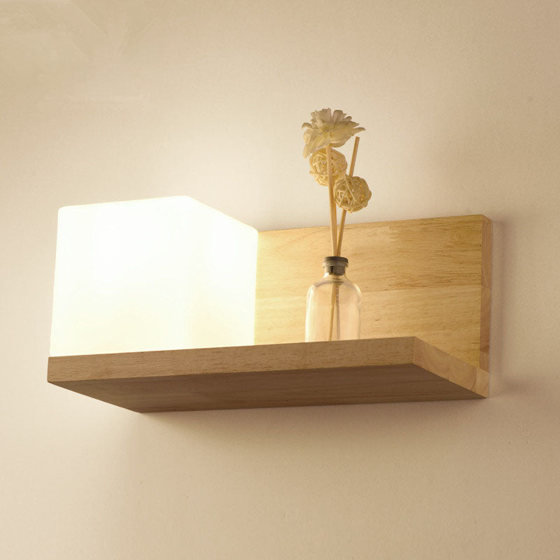 Japanese Minimalist Wood Square Glass 1-Light Wall Sconce Lamp