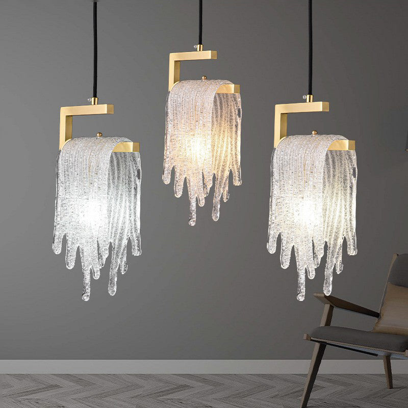 Contemporary Creative Imitation Ice Hanging Glass Tassel Design Brass Frame 1-Light Pendant Light For Living Room