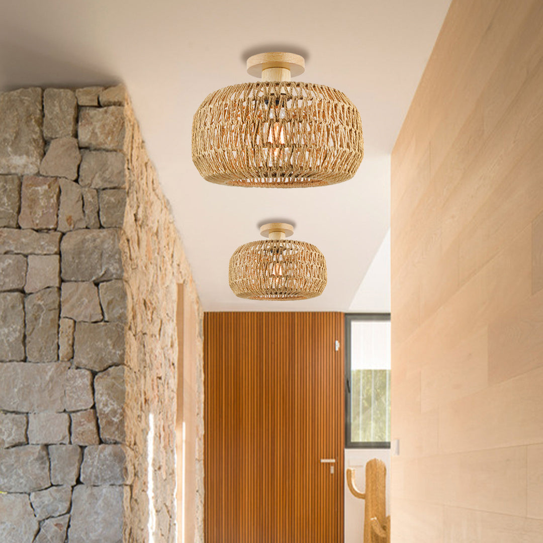 Contemporary Boho Paper Rope Twine Weaving Drum 1-Light Semi-Flush Mount Ceiling Light For Living Room
