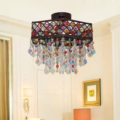 Contemporary Boho Iron Frame Colorful Glass Disc Beads 1-Light Semi-Flush Mount Ceiling Light For Dining Room