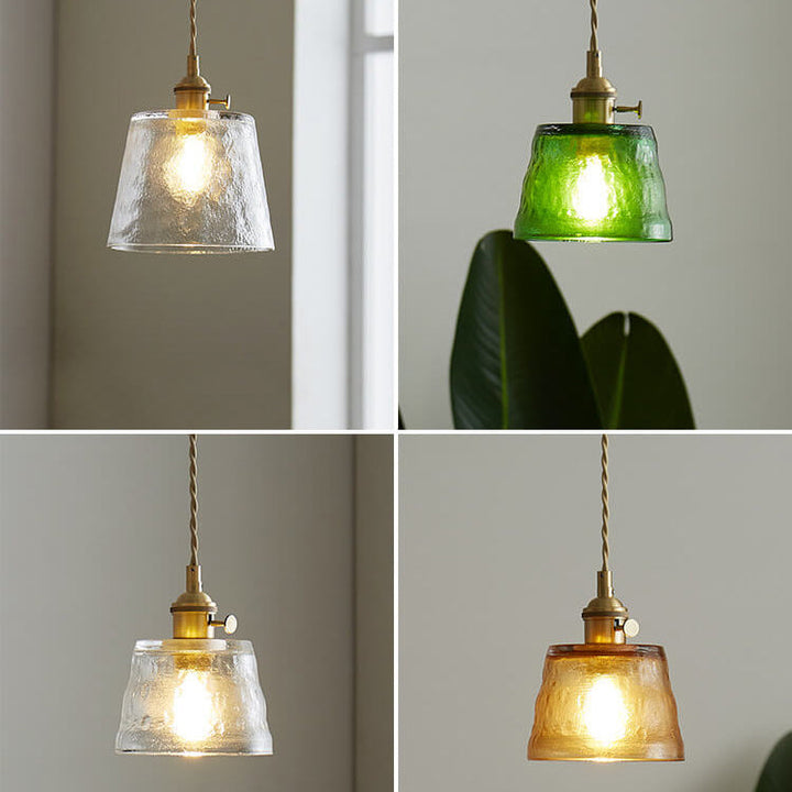 Traditionelle Vintage-Pendelleuchte aus Glas und Kupfer mit rundem Trommelschirm, 1-flammig, für das Wohnzimmer 