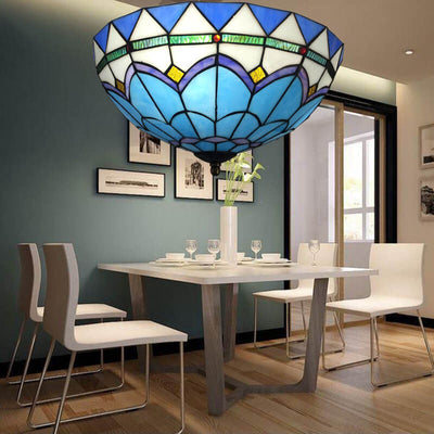 Traditional Vintage Mediterranean Stained Glass Dome 3-Light Flush Mount Ceiling Light For Living Room