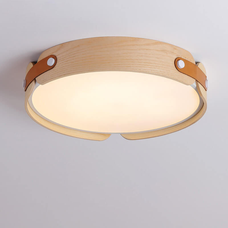 Modern Minimalist Solid Wood Round Leather Design LED Flush Mount Ceiling Light