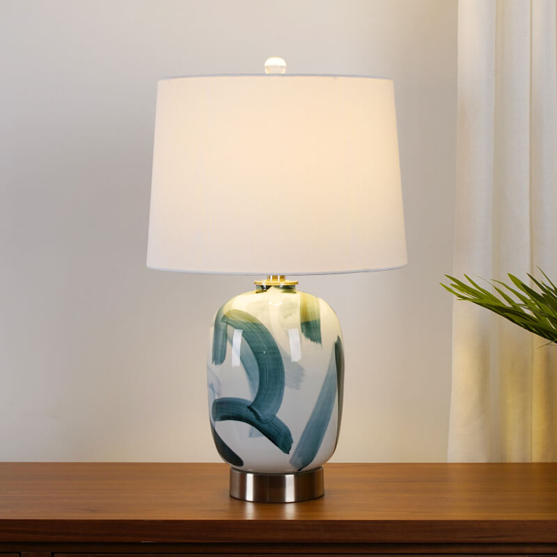 Vintage American Dome Fabric Shade Ink Ceramic Base 1-Light Table Lamp