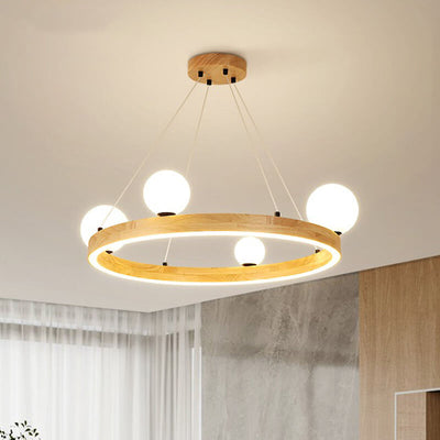 Nordic Minimalist Wood Circle Glass Ball 3/4 Light Chandelier