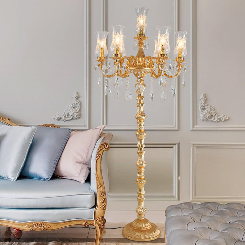 Traditional Luxury Golden Crystal Zinc Alloy Candle Holder 7-Light Standing Floor Lamp For Bedroom
