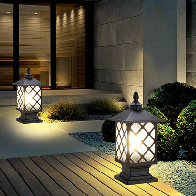 Outdoor Chinese Frosted Glass Aluminum Square Cage Post Head 1-Light Waterproof Patio Landscape Light