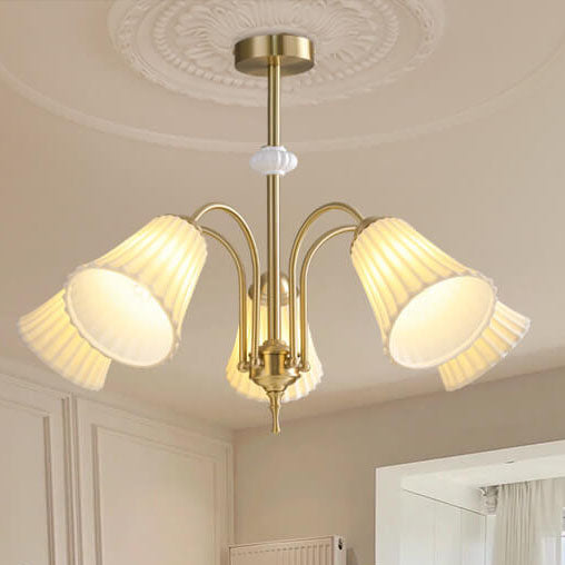 Lámpara de araña contemporánea nórdica de cerámica blanca, cobre y hierro con pantalla cónica a rayas de 3/5 luces para sala de estar 