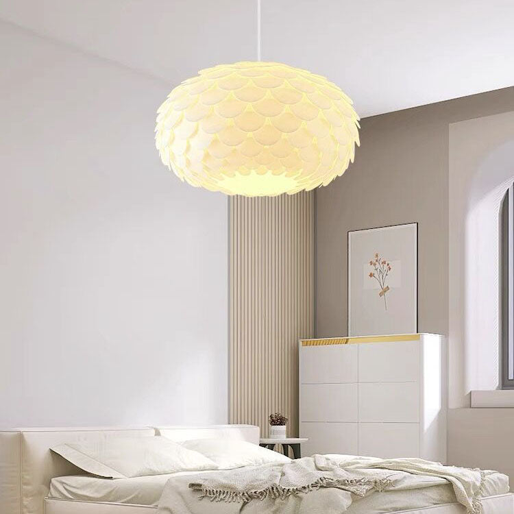 Contemporary Creative Cream Pine Cone Round Iron PVC Dome 1-Light Pendant Light For Living Room