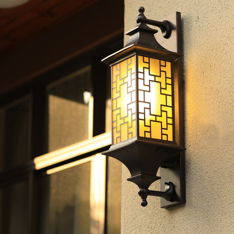 Outdoor Chinese Square Lantern Cage Waterproof 1-Light Wall Sconce Lamp