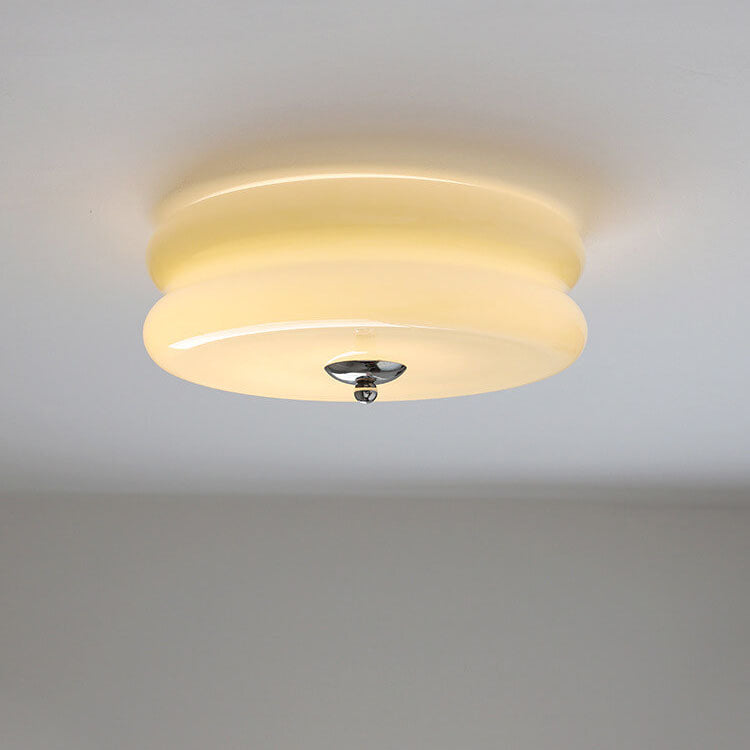 French Minimalist Cream Glass Round LED Flush Mount Ceiling Light