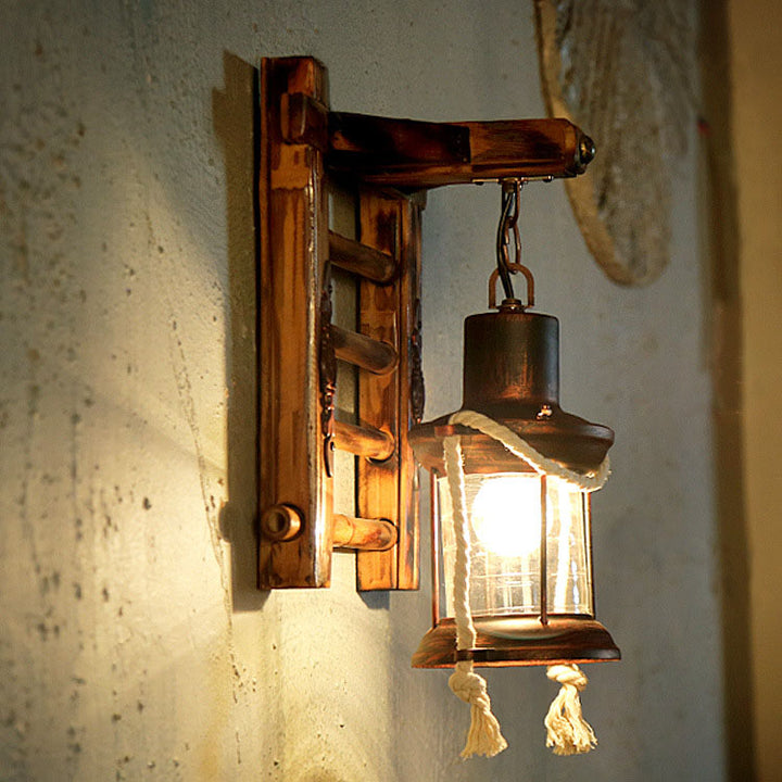 Aplique de pared de 1 luz estilo industrial contemporáneo con lámpara de queroseno, cuerda de cáñamo, base de bambú y cordel de hierro 