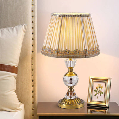 European Vintage Crystal Pillar Base Fabric 1-Light Table Lamp