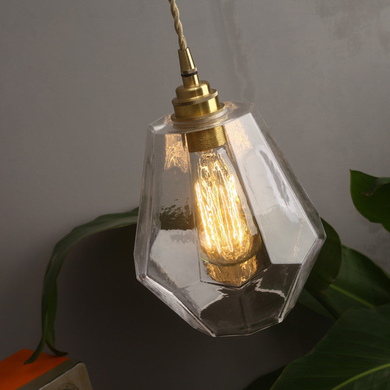 Japanese Vintage Brass Glass Geometric Jar 1-Light Pendant Light