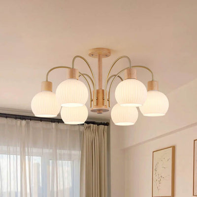 Modern Cream Round Lantern Iron Solid Wood Glass 6/8 Light Chandelier