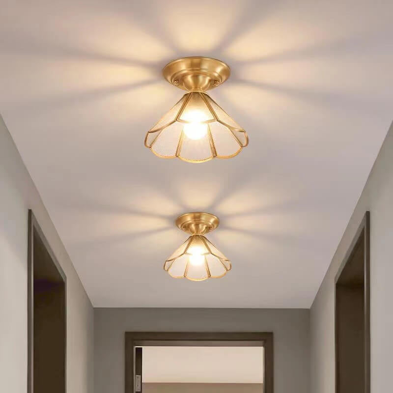 European Luxury Full Copper Retro Petal Design 1-Light Flush Mount Light