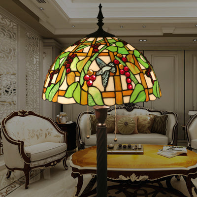 European Tiffany Fruit Bird Stained Glass Dome 2-Light Standing Floor Lamp