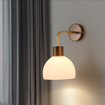 Japanese Walnut Striped Glass Dome 1-Light Wall Sconce Lamp