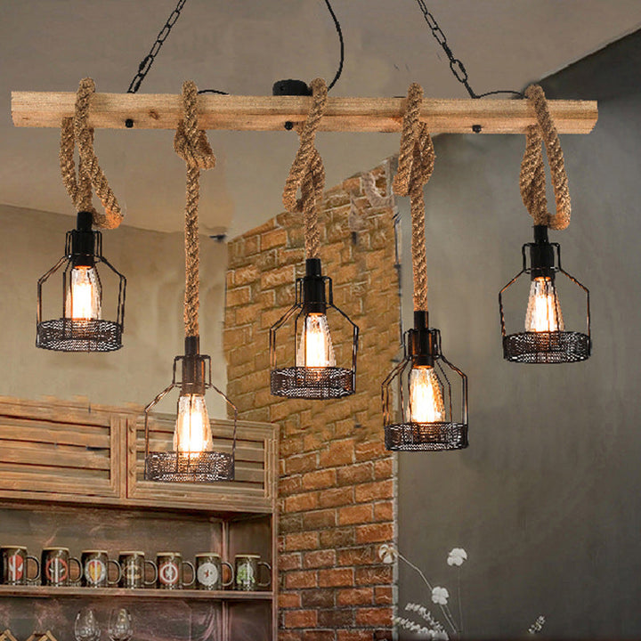 Lámpara de araña para isla de 3/5 luces estilo industrial contemporáneo con cuerda de cáñamo, bloques de madera, hierro y diseño de farol de cordel para salón 