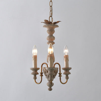 French Vintage Solid Wood Creative Candle Holder Design 3-Light Chandelier