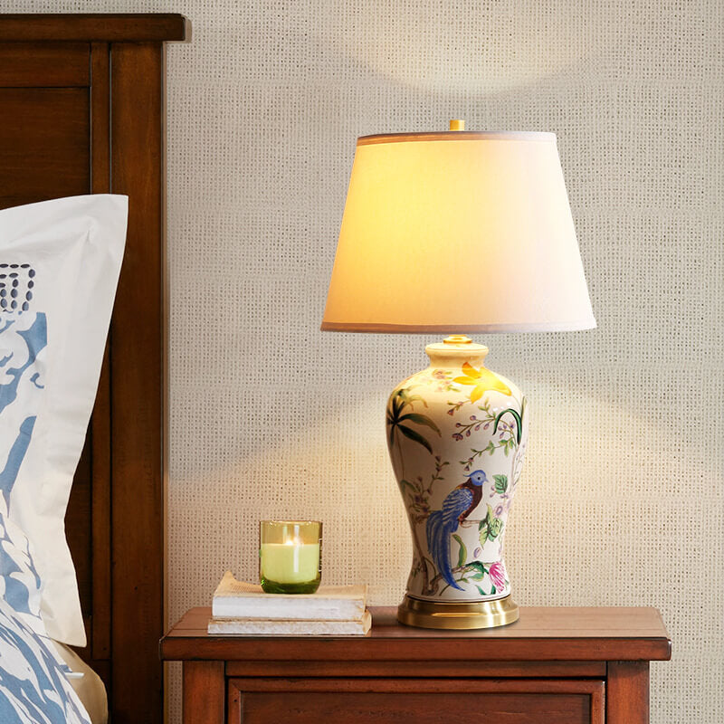 Traditional Chinese Bird &amp; Flower Painted Ceramic Base Fabric Shade 1-Light Table Lamp For Home Office
