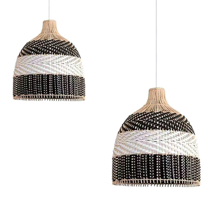 Modern Rattan Bamboo Black and White Dome 3-Light Chandelier