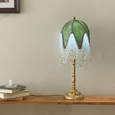 Traditional French Tassel Leaf Iron Fabric 1-Light Table Lamp For Bedroom