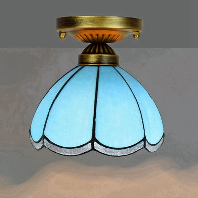 Tiffany Mediterranean Stained Glass Dome 1-Light Semi-Flush Mount Ceiling Light