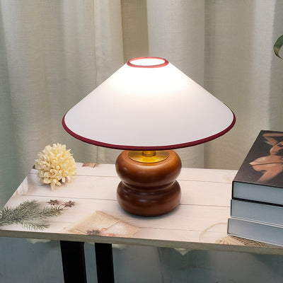 Vintage Fabric Cone Solid Walnut Round Base 1-Light Table Lamp