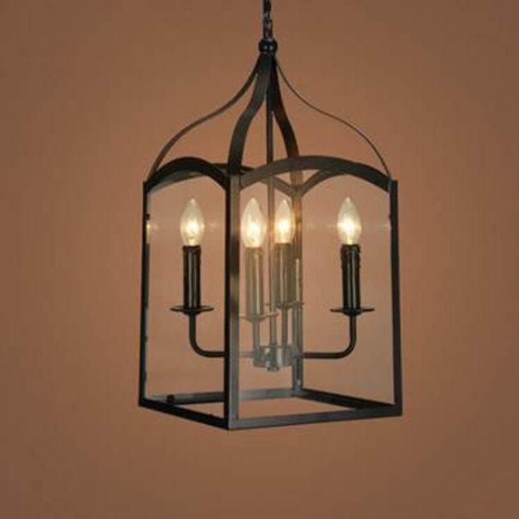 Lámpara de araña contemporánea industrial de 4 luces con jaula cuadrada de hierro y vidrio para salón 