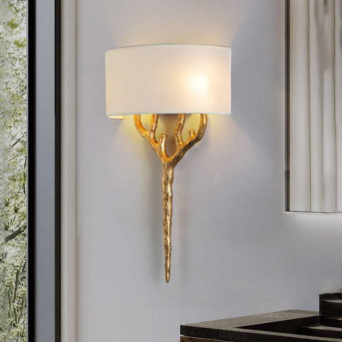 Aplique de pared de 2 luces con ramas de cobre y tela estilo Europa tradicional para sala de estar y dormitorio 
