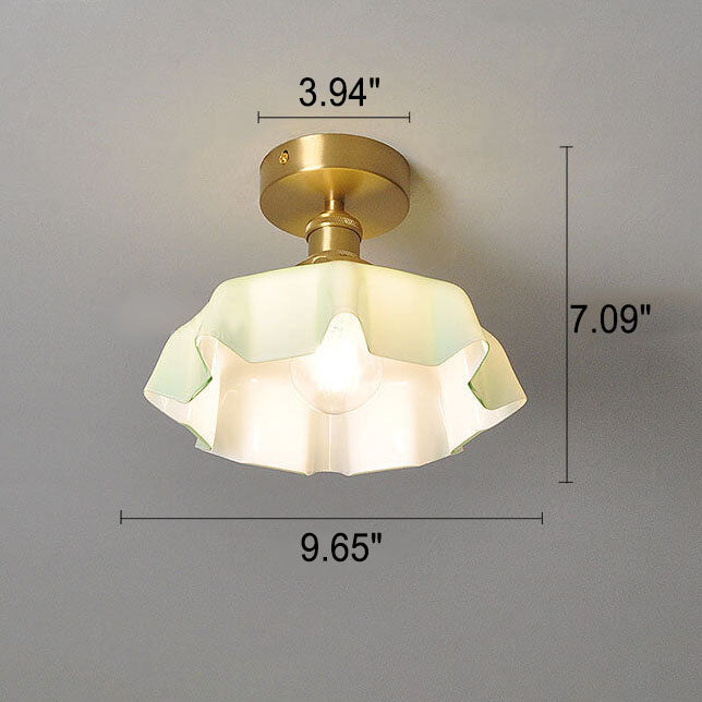 Japanese Vintage Cream Glass Floral Brass 1-Light Semi-Flush Mount Ceiling Light