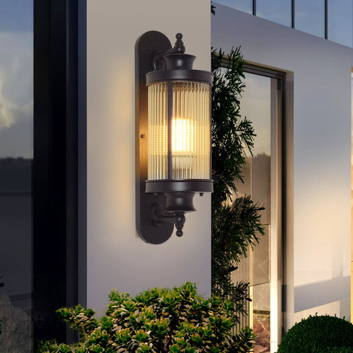 Traditional Chinese Cylindrical Glass Iron Outdoor Waterproof 1-Light Wall Sconce Lamp For Garden