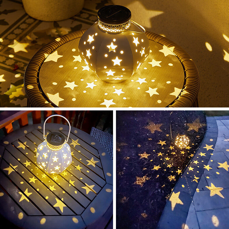 Kreative Solar Eisen Pentagramm Hohl Dekor Laterne LED Tragbare Terrasse Rasen Licht 