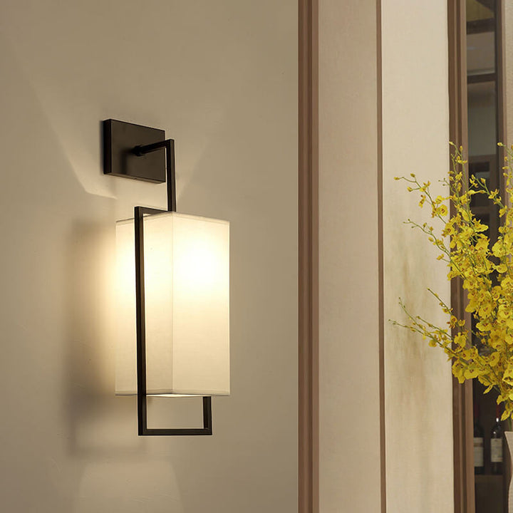 Traditional Chinese Square Fabric Iron Frame 1-Light Wall Sconce Lamp For Bedroom &amp; Living Room